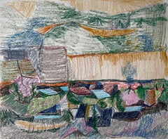 Abstract French Village with Colourful Rooftops and Mountain Landscape Drawing