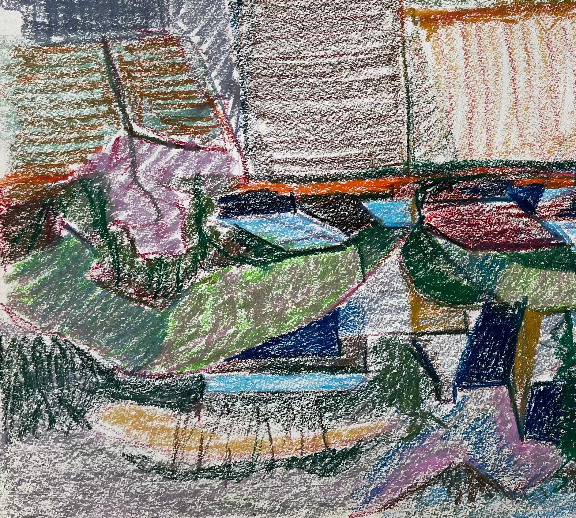 Abstraktes französisches Dorf mit bunten Dächern und Berglandschaft Zeichnung (Moderne), Art, von Guy Nicod
