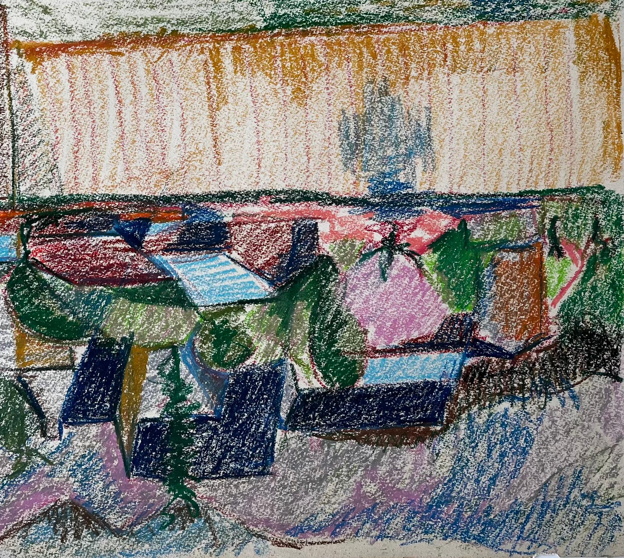 Abstraktes französisches Dorf mit bunten Dächern und Berglandschaft Zeichnung (Grau), Abstract Drawing, von Guy Nicod