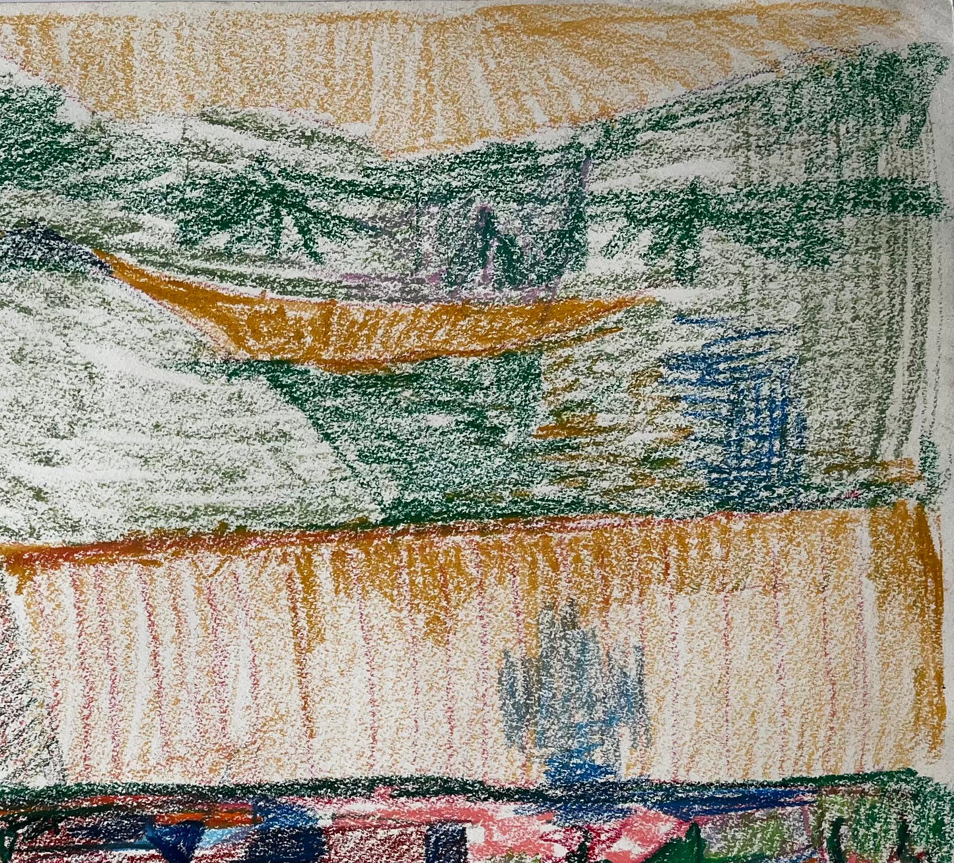 Titel: Abstraktes französisches Dorf mit bunten Dächern und Berglandschaft Zeichnung
Guy Nicod (Französisch 1923 - 2021) 
Ölpastell auf Künstlerpapier
Größe: 19,75 x 23,5 Zoll (Höhe x Breite)
Provenienz: Künstlernachlass, Frankreich
Zustand: Gut -