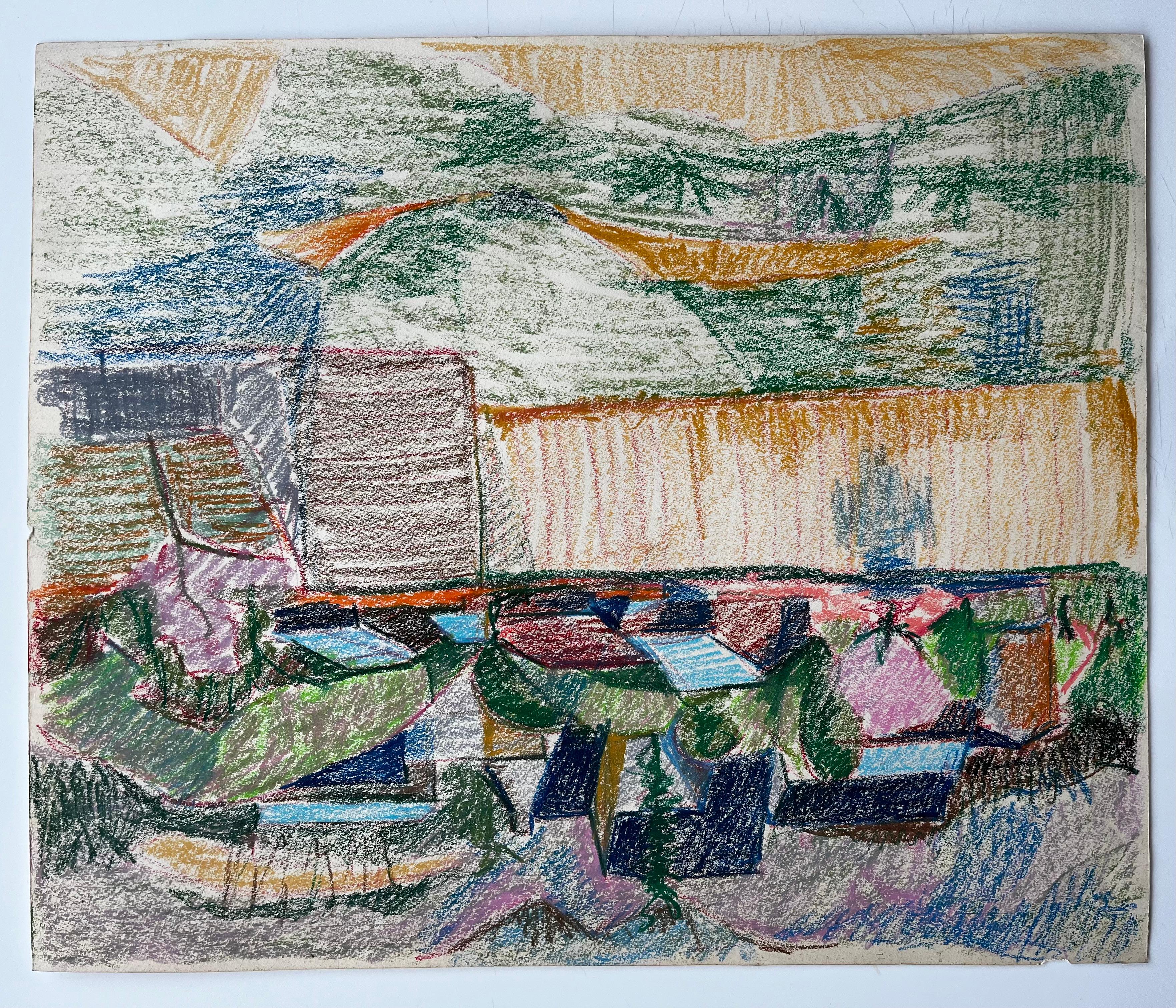 Abstraktes französisches Dorf mit bunten Dächern und Berglandschaft Zeichnung – Art von Guy Nicod