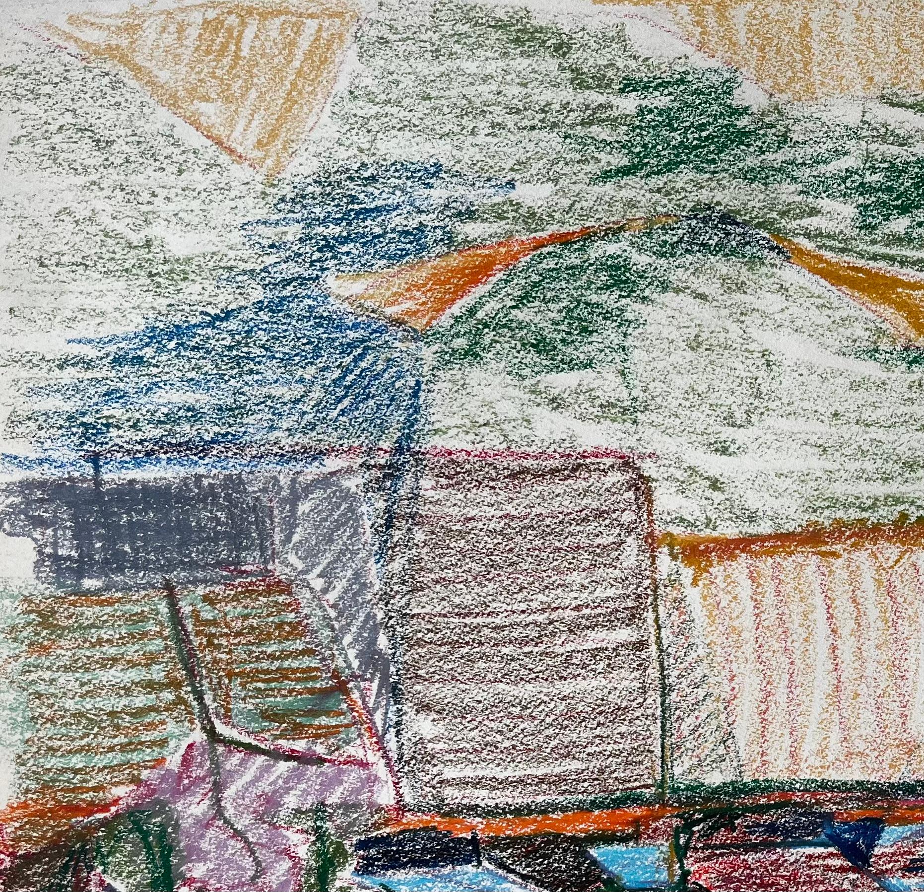 Abstraktes französisches Dorf mit bunten Dächern und Berglandschaft Zeichnung im Angebot 2