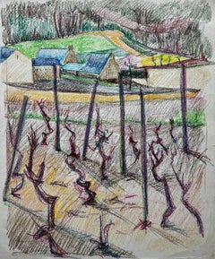 Paesaggio di vigneto francese con tetti blu e viti nude Disegno a pastello