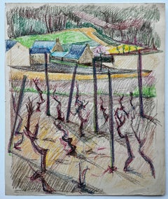 French Vineyard Landscape with Blue Roofs and Bare Vines Pastel Drawing