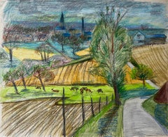 French Countryside Landscape with Cows Fields and Village Church Spires Drawing