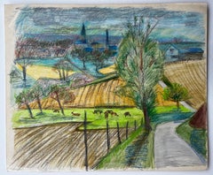 French Countryside Landscape with Cows Fields and Village Church Spires Drawing