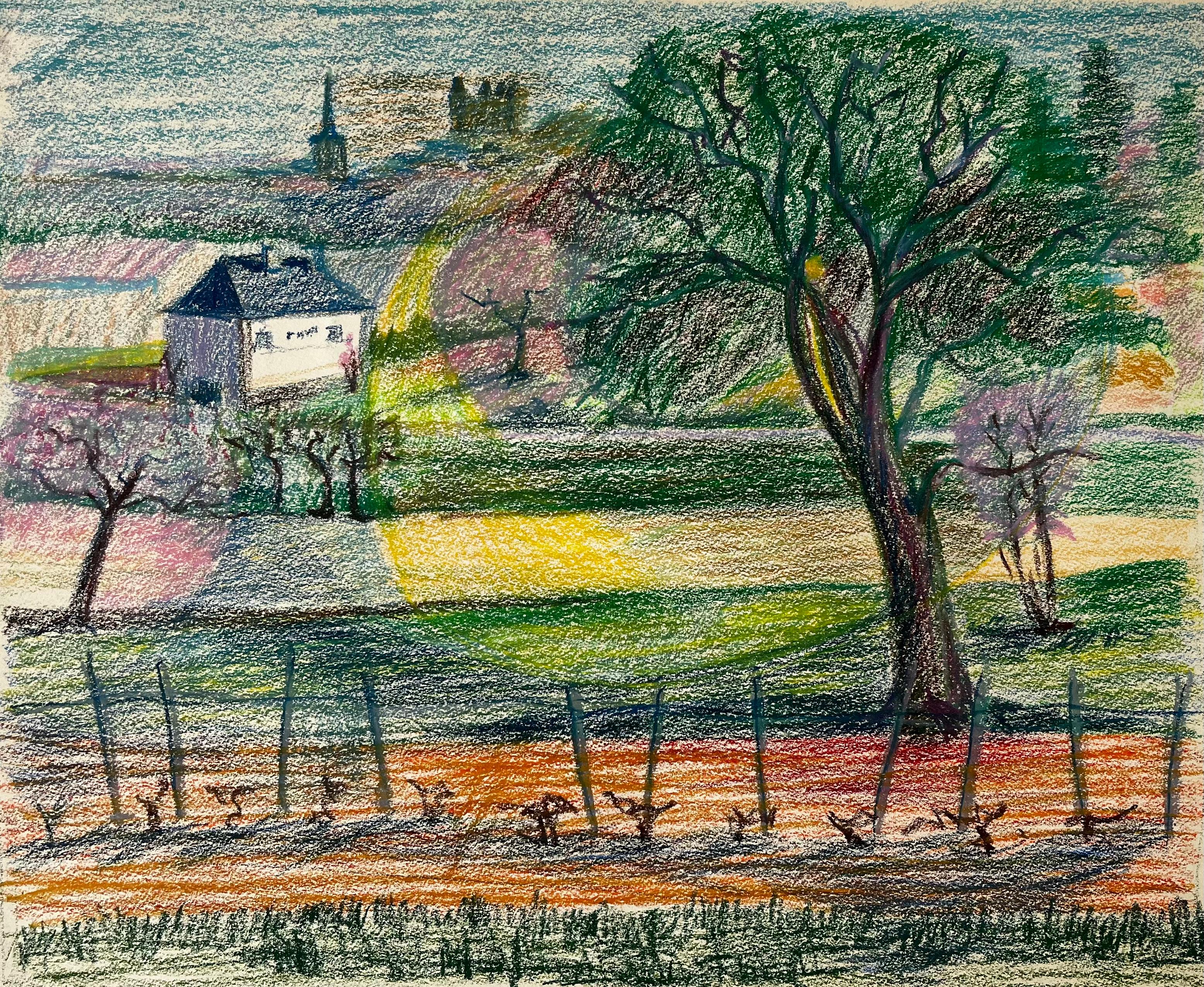 French Spring Landscape with Blossoming Trees Vineyard and Distant Village