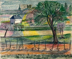 Paesaggio francese di primavera con alberi in fiore, vigneti e villaggi lontani