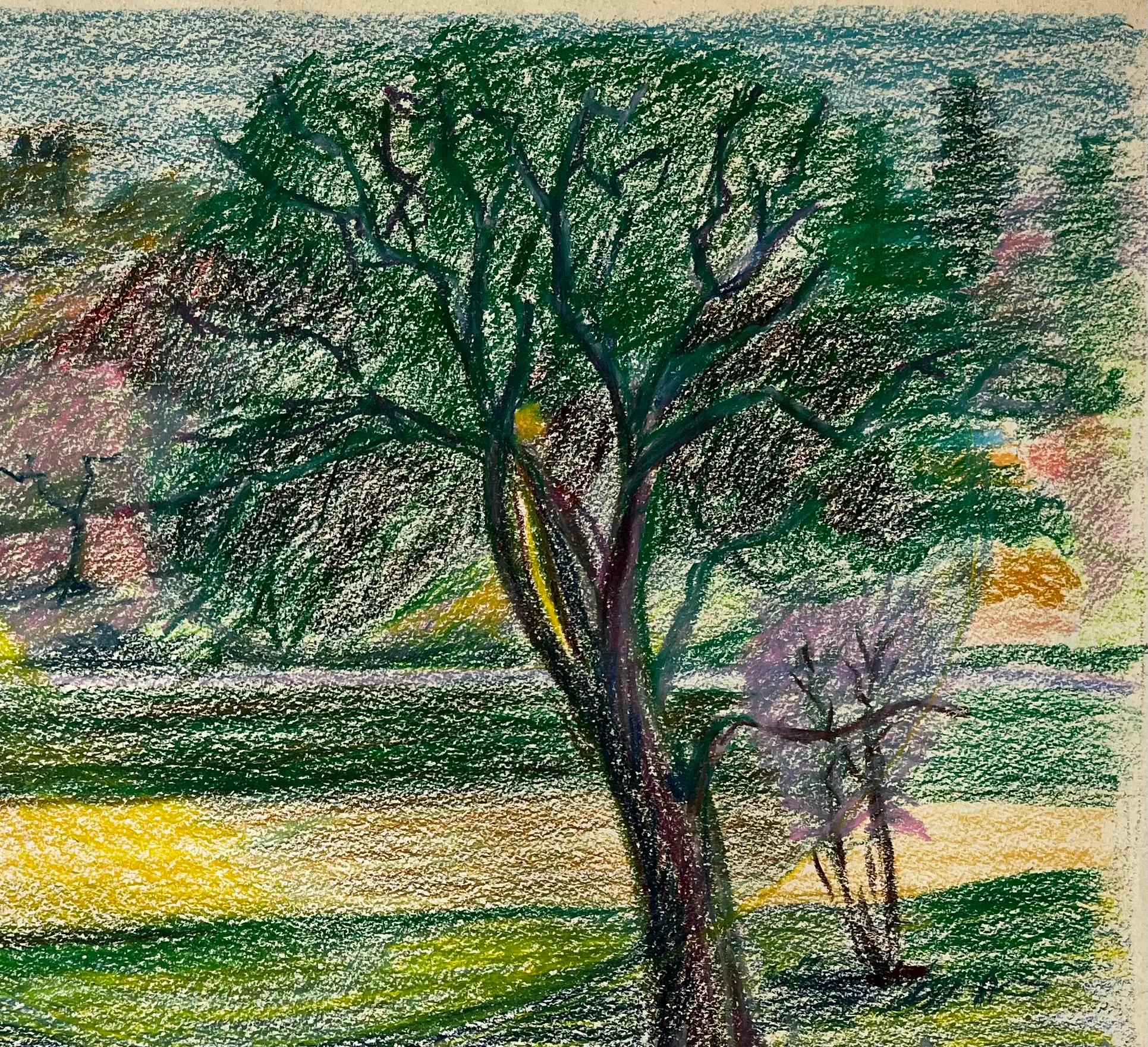 Paesaggio francese di primavera con alberi in fiore, vigneti e villaggi lontani - Art Moderno di Guy Nicod
