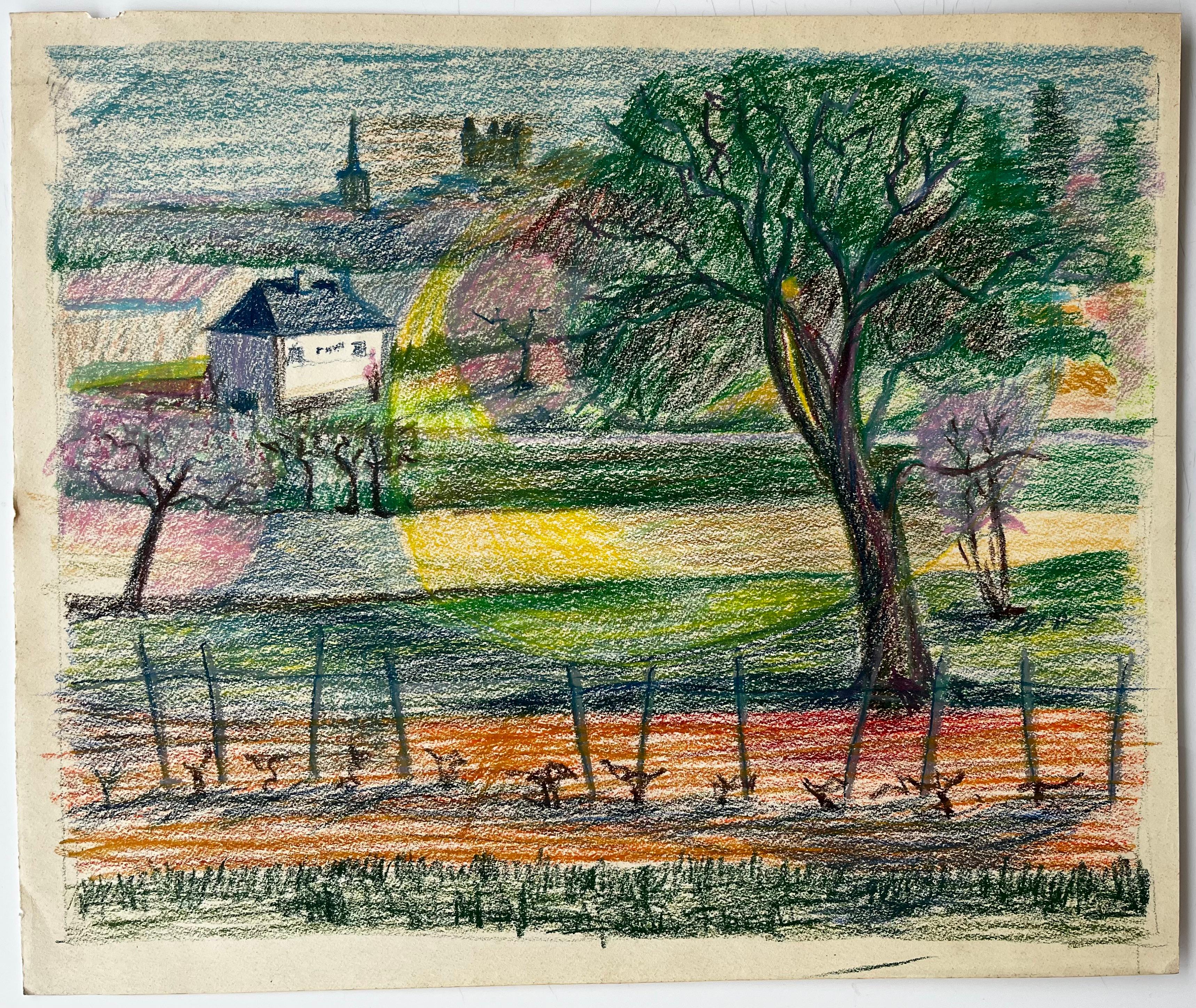 Paesaggio francese di primavera con alberi in fiore, vigneti e villaggi lontani - Art di Guy Nicod