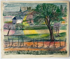 French Spring Landscape with Blossoming Trees Vineyard and Distant Village