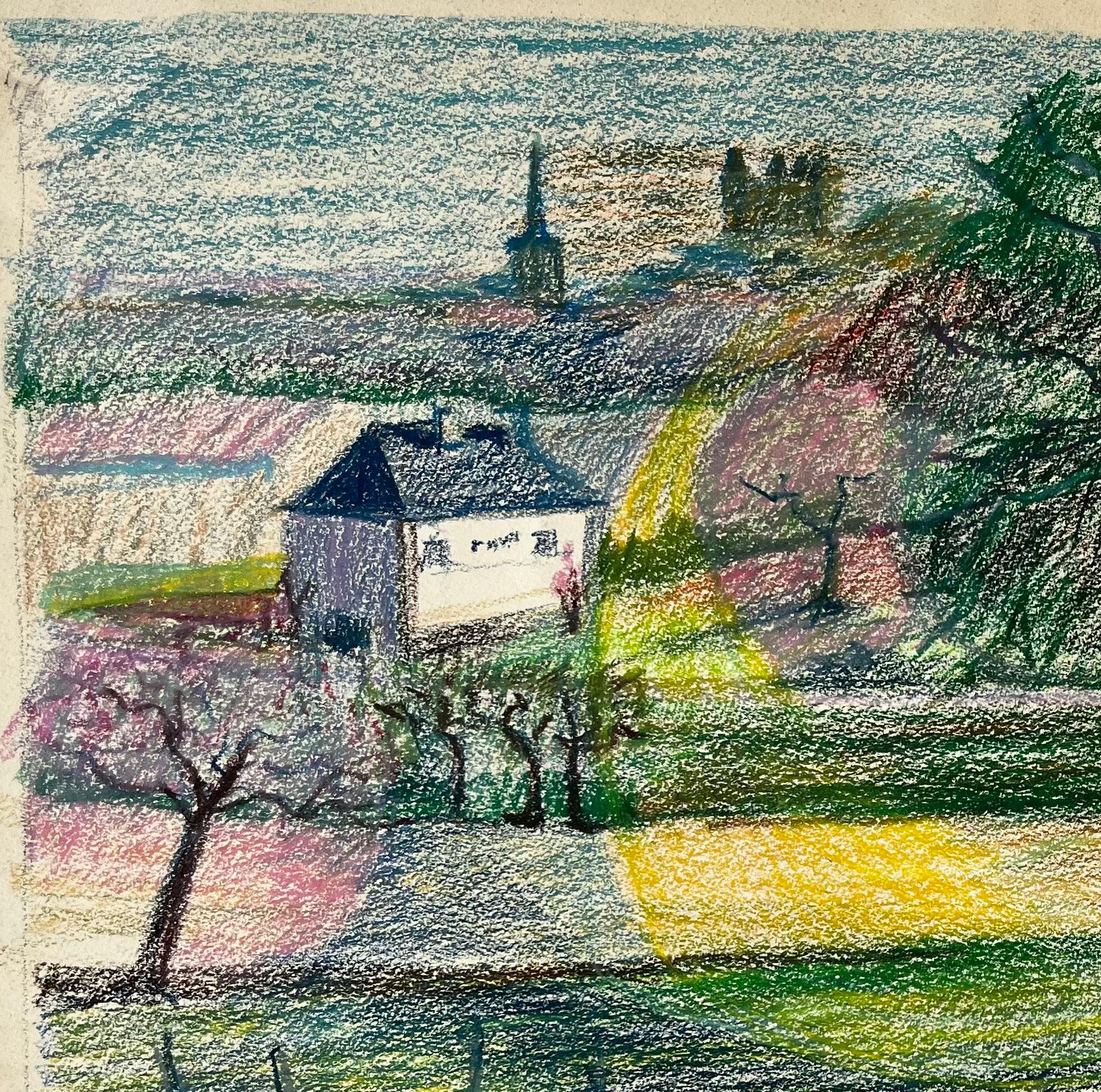 Paesaggio francese di primavera con alberi in fiore, vigneti e villaggi lontani - Abstract Drawing Grigio di Guy Nicod
