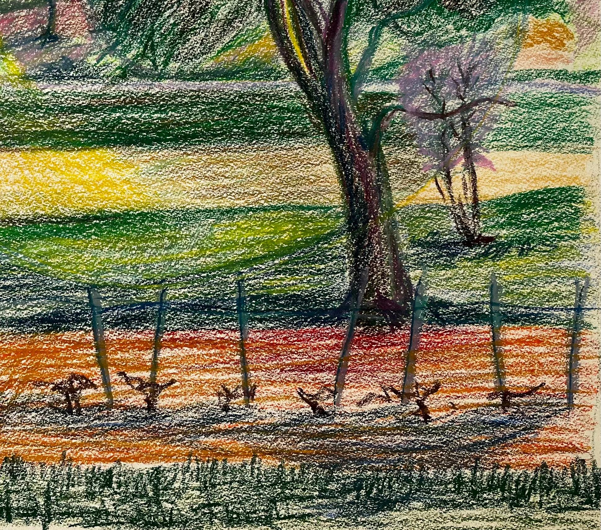 Paesaggio francese di primavera con alberi in fiore, vigneti e villaggi lontani in vendita 1
