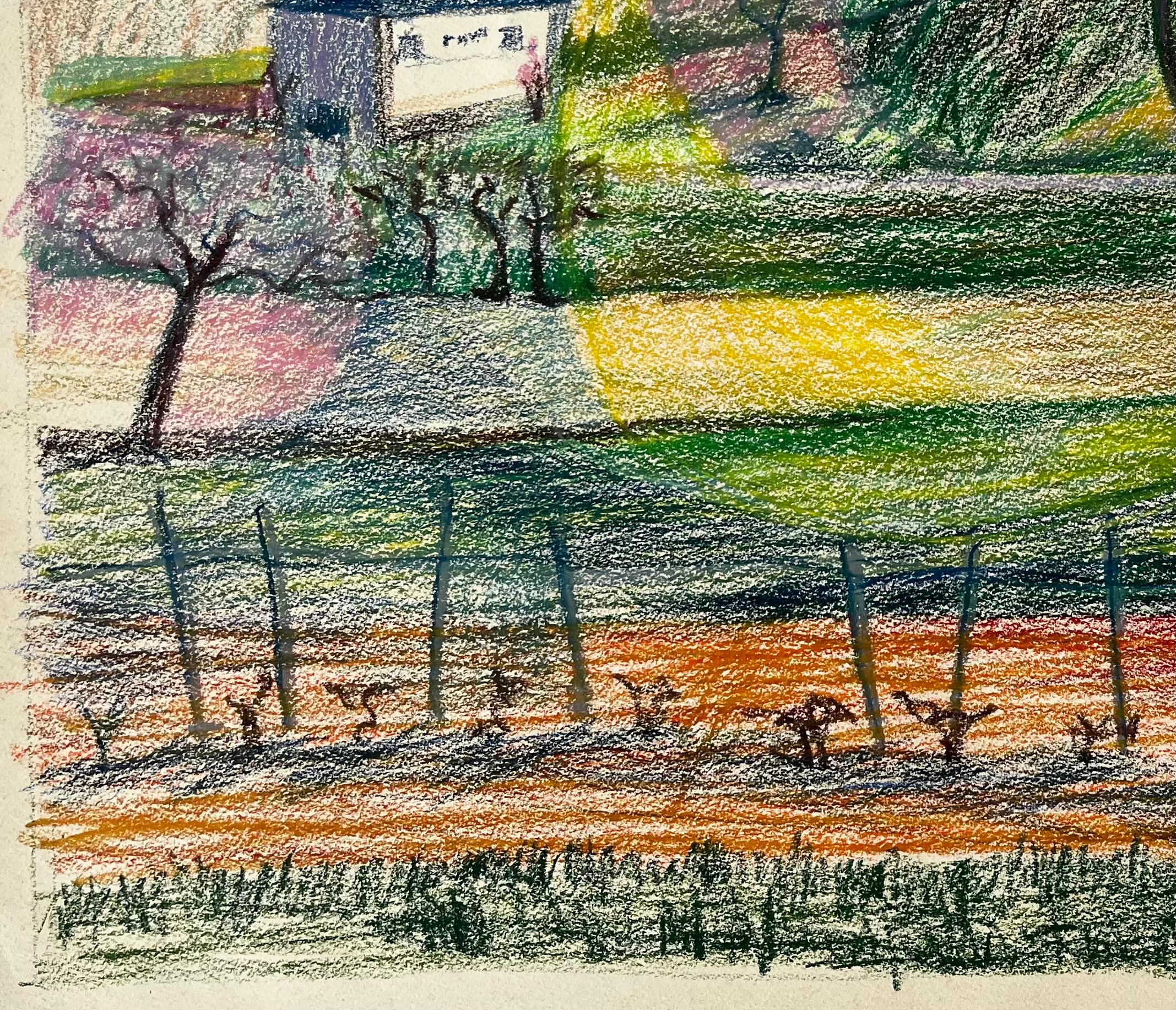 Titolo: Paesaggio francese di primavera con vigneto di alberi in fiore e villaggio lontano
Guy Nicod (francese, 1923 - 2021) 
Pastello a olio su carta d'artista
Dimensioni: 19,75 x 23,5 pollici (altezza x larghezza)
Provenienza: Proprietà di