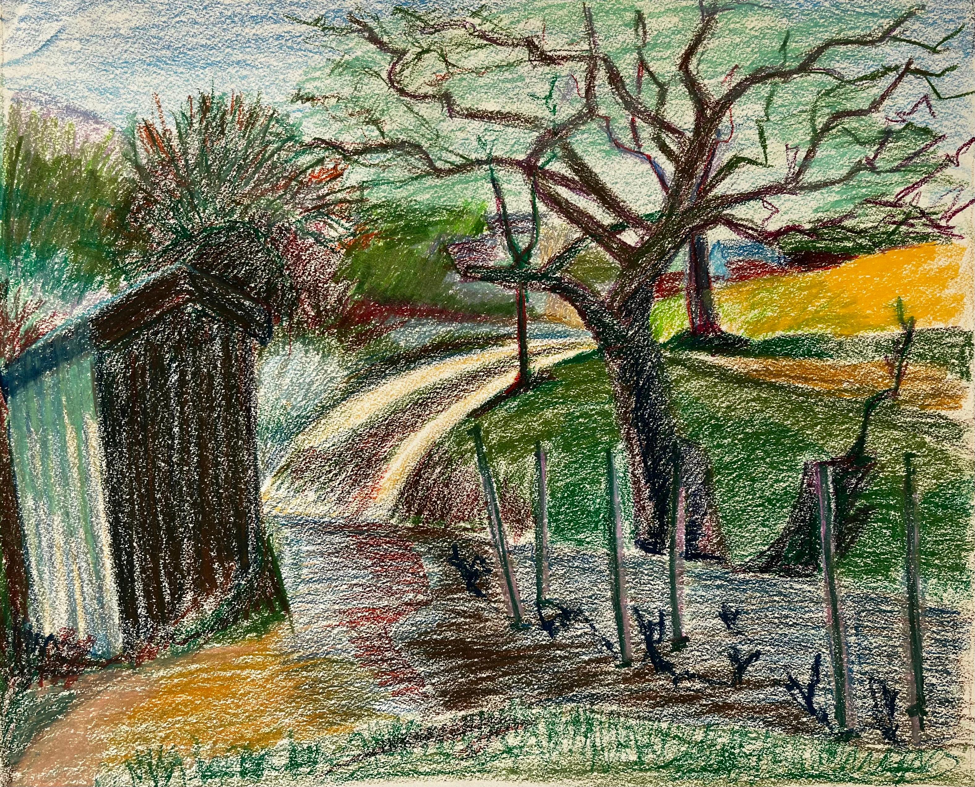Abstract Drawing di Guy Nicod - Sentiero francese di primavera con vigneto e albero spoglio Disegno di paesaggio a pastello
