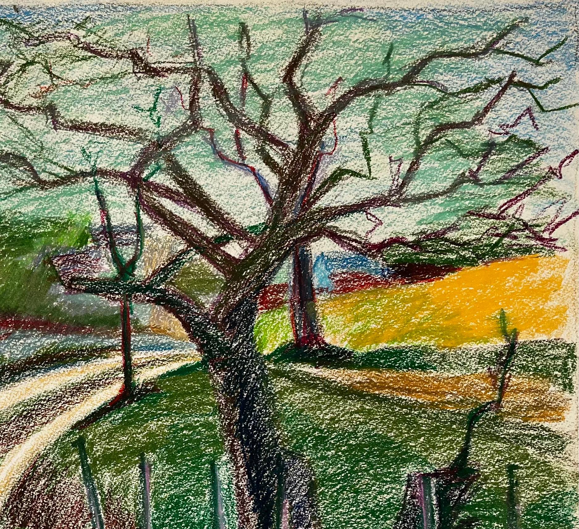 Sentiero francese di primavera con vigneto e albero spoglio Disegno di paesaggio a pastello - Art Moderno di Guy Nicod