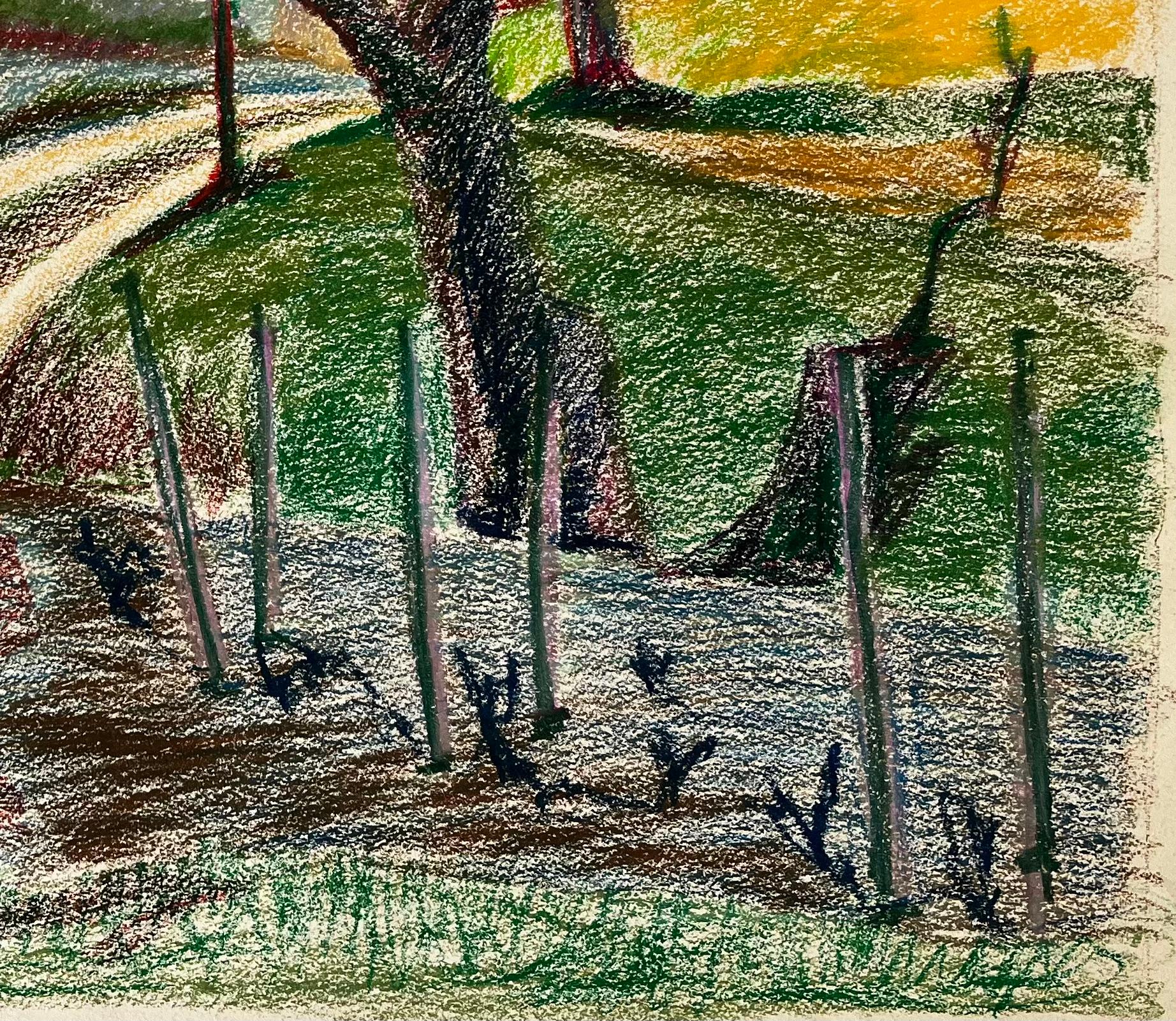 Sentiero francese di primavera con vigneto e albero spoglio Disegno di paesaggio a pastello - Abstract Drawing Grigio di Guy Nicod