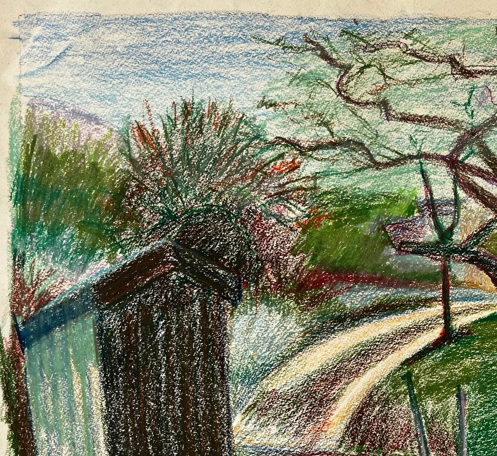 Sentiero francese di primavera con vigneto e albero spoglio Disegno di paesaggio a pastello in vendita 1