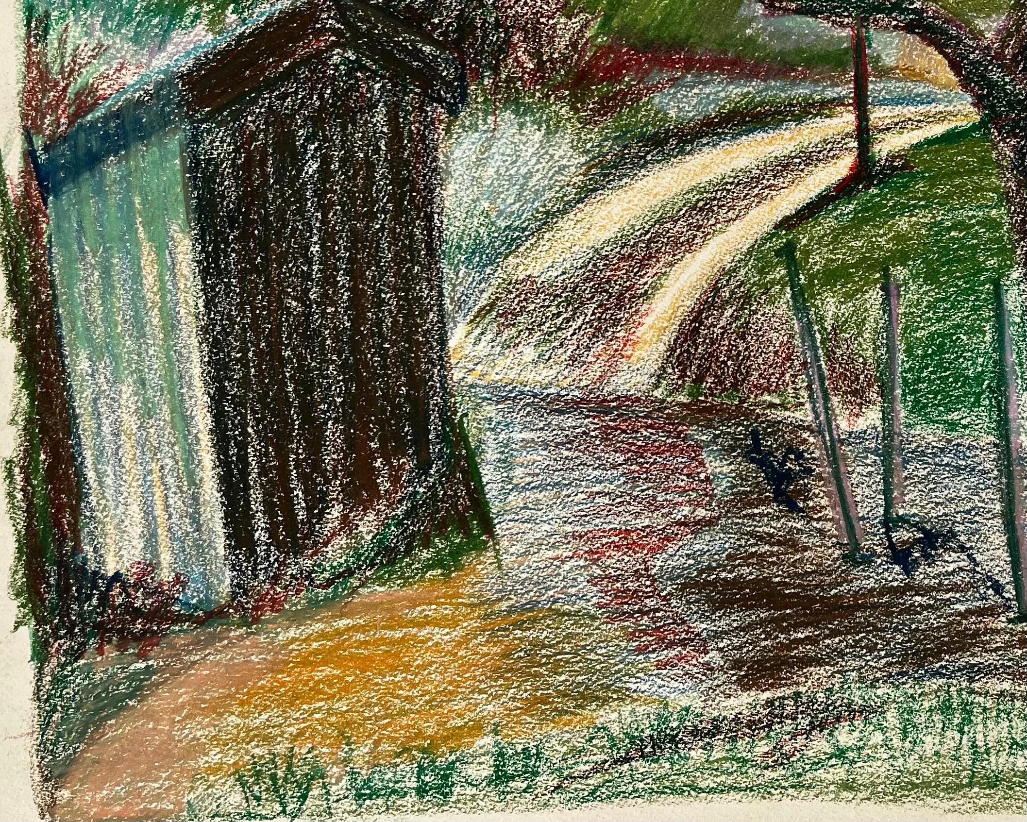 Titolo: Sentiero di primavera francese con vigneto e albero spoglio Disegno di paesaggio a pastello
Guy Nicod (francese, 1923 - 2021) 
Pastello a olio su carta d'artista
Dimensioni: 19,75 x 23,5 pollici (altezza x larghezza)
Provenienza: Proprietà