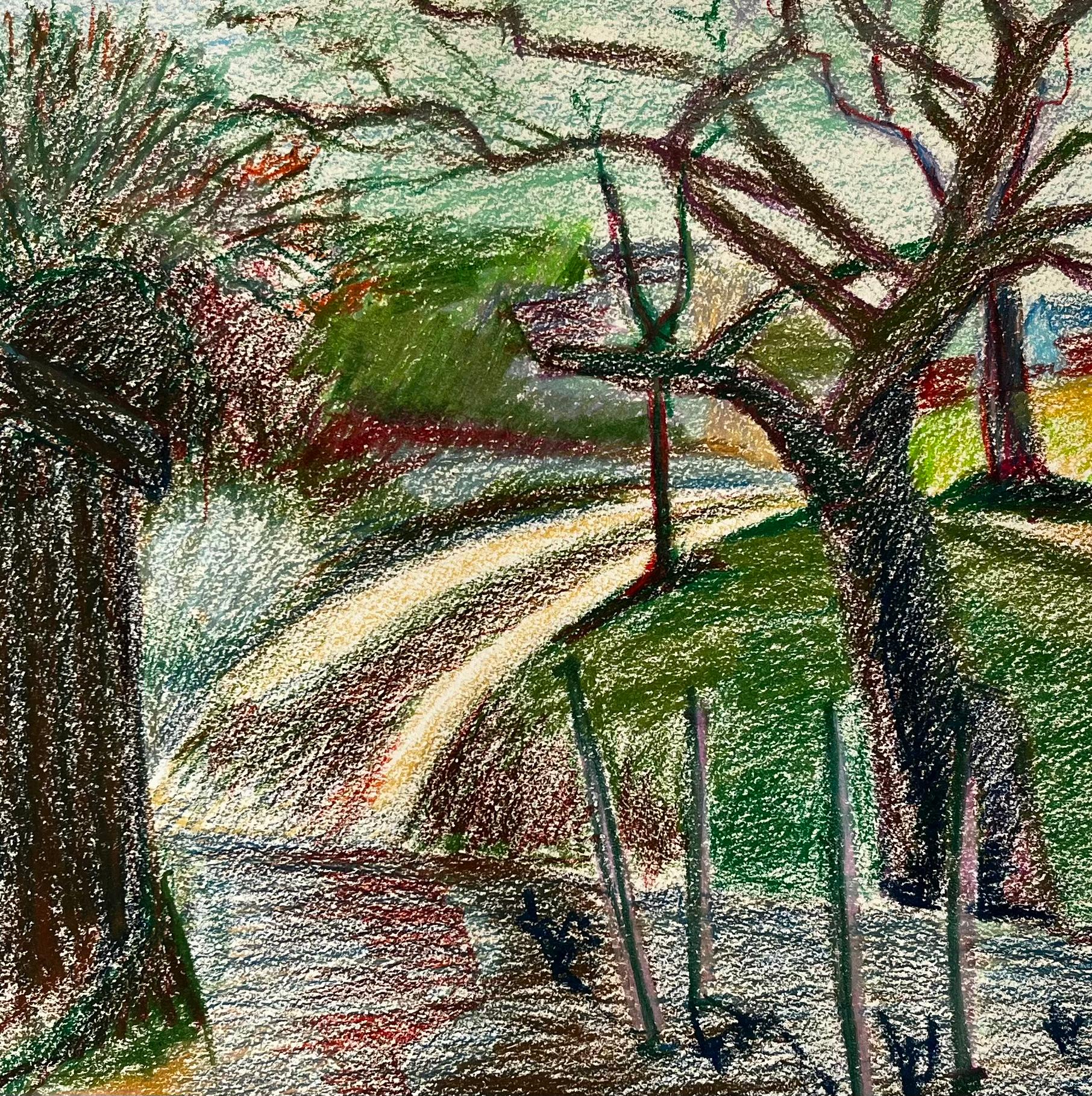 Sentiero francese di primavera con vigneto e albero spoglio Disegno di paesaggio a pastello in vendita 2