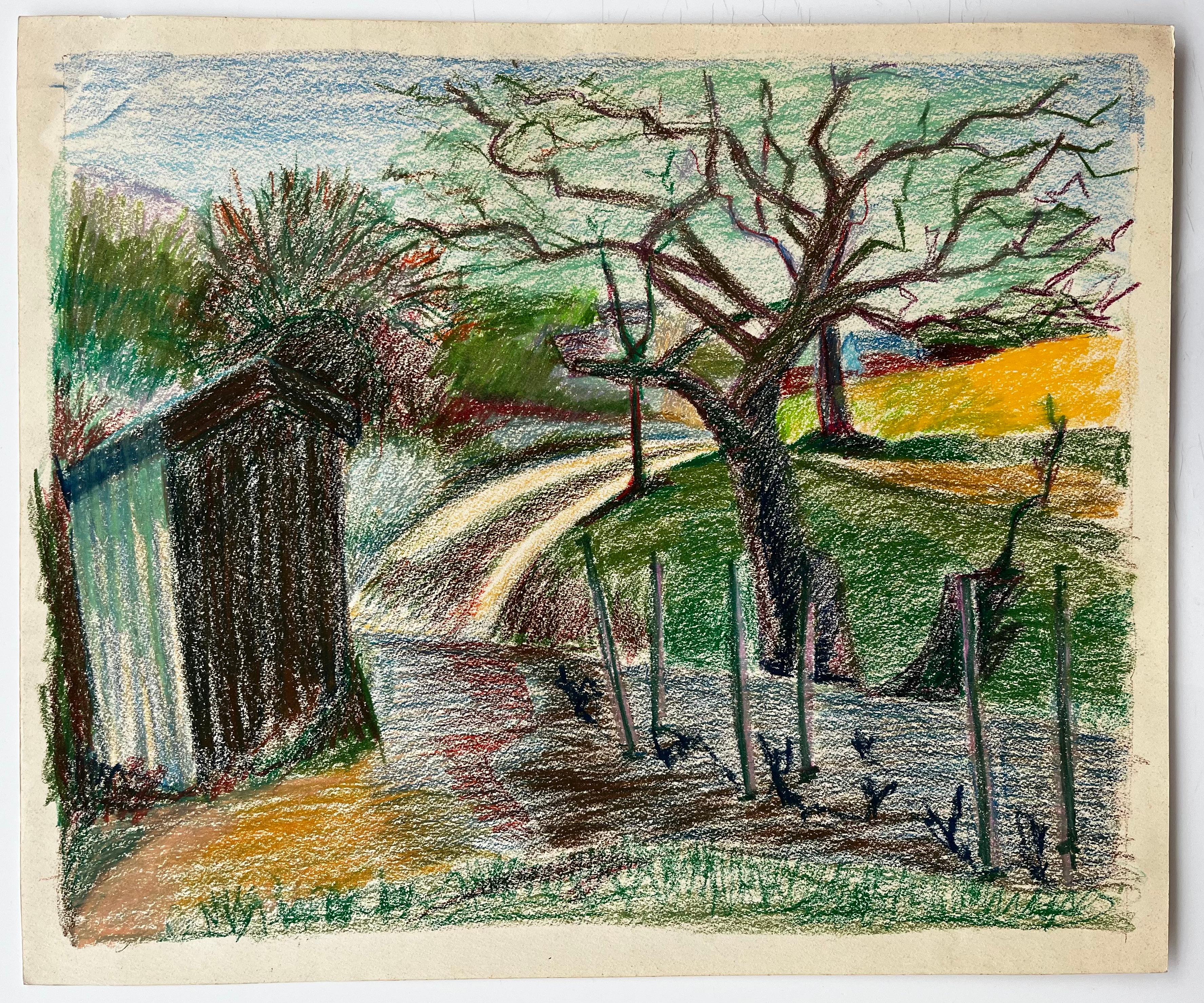 Sentiero francese di primavera con vigneto e albero spoglio Disegno di paesaggio a pastello - Art di Guy Nicod