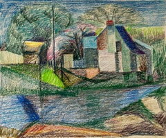 French Riverside House with Pink Blossom and Blue Roof Pastel Drawing