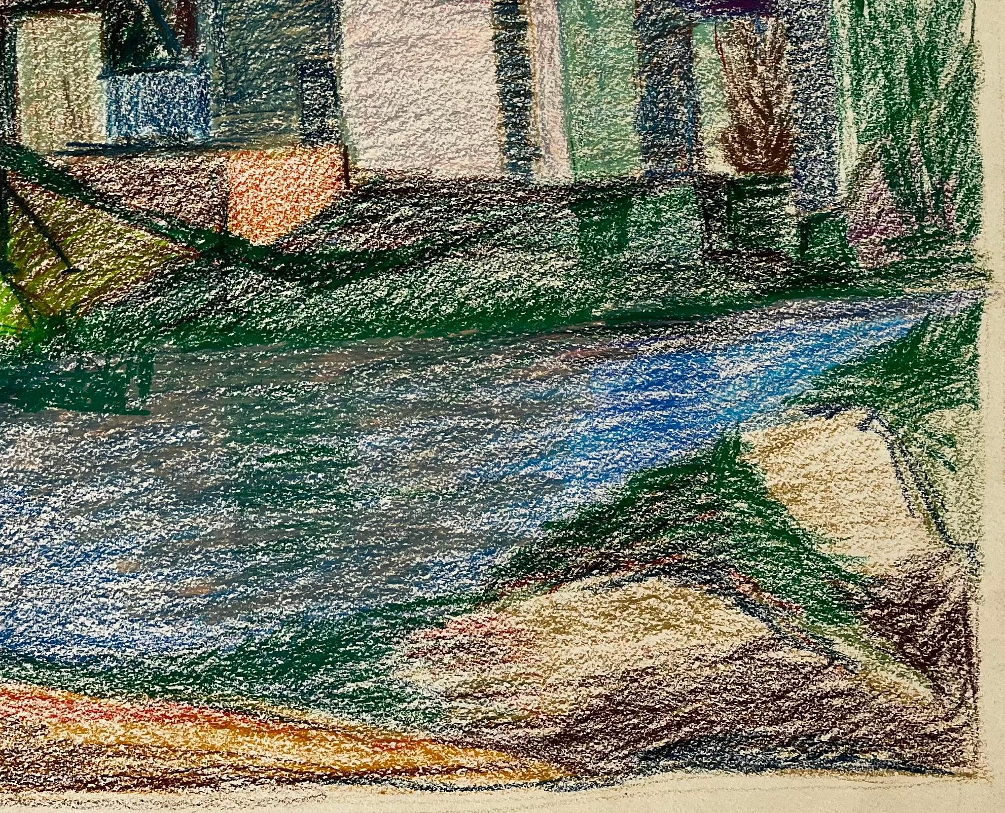 Disegno a pastello della casa francese sul lungofiume con fiori rosa e tetto blu - Landscape Art Grigio di Guy Nicod