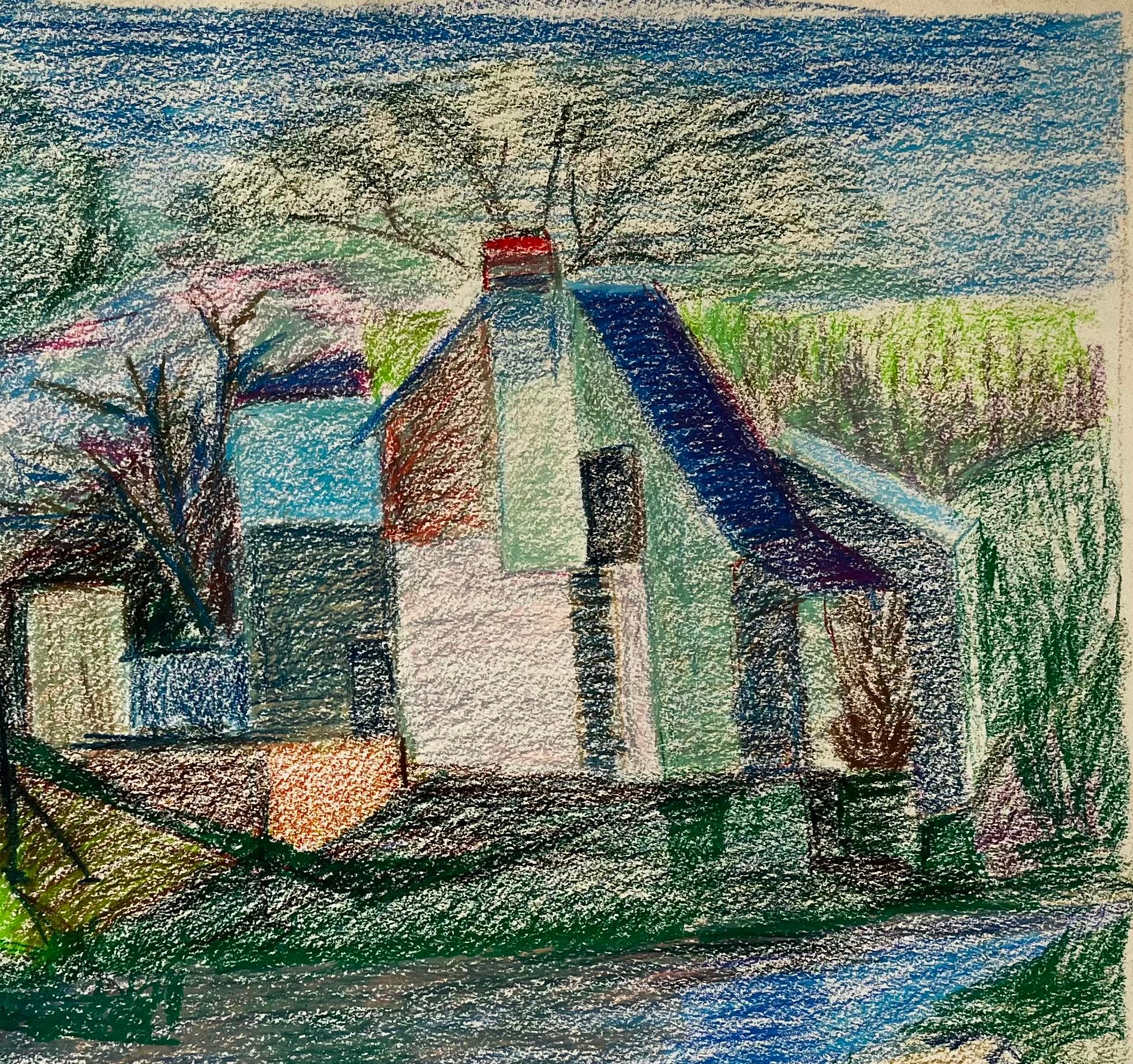 Disegno a pastello della casa francese sul lungofiume con fiori rosa e tetto blu - Art Moderno di Guy Nicod