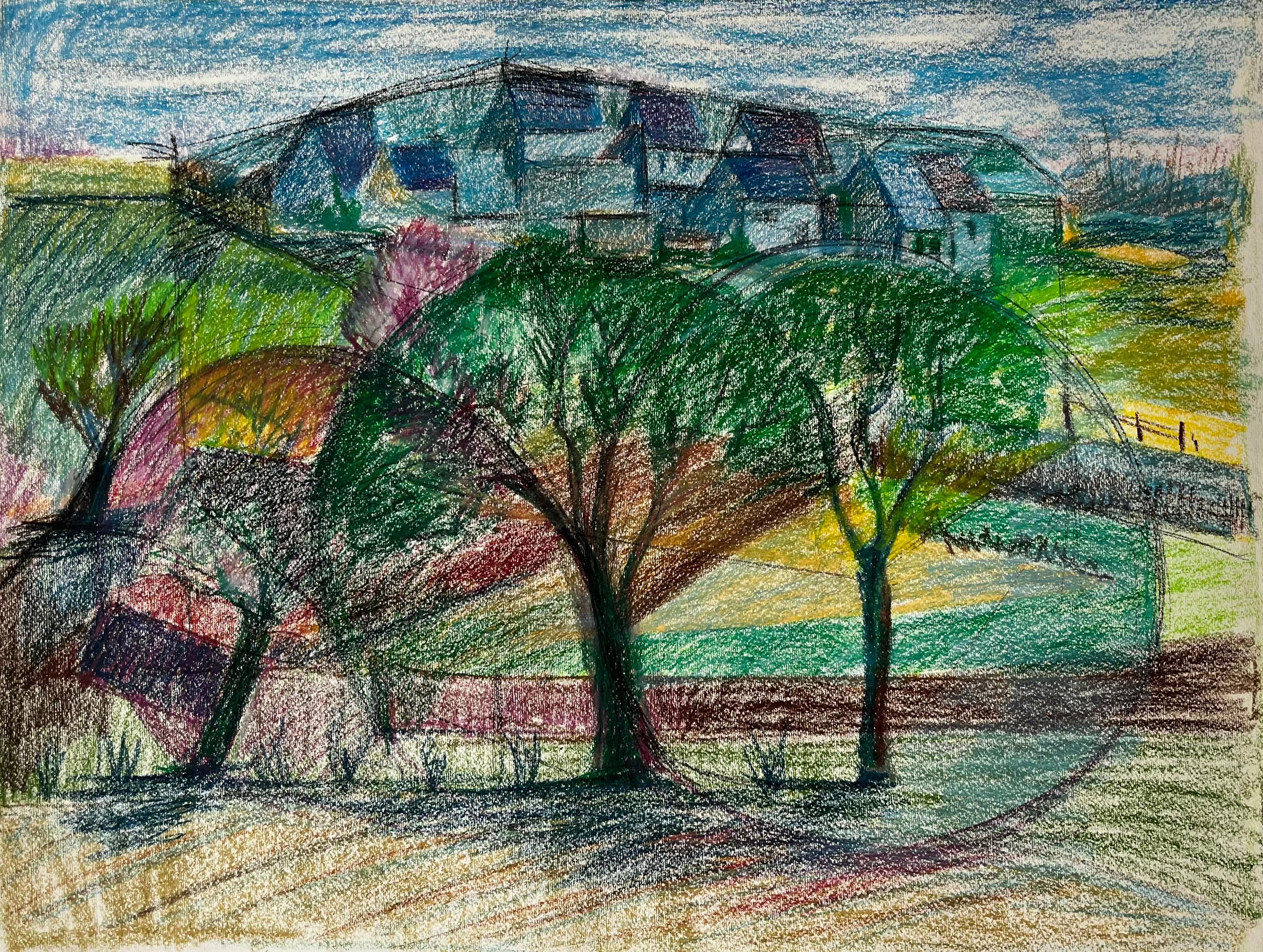 Paesaggio di villaggio francese con alberi e case in collina Disegno a pastello