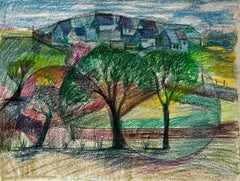 French Village Landscape with Trees and Hilltop Houses Pastel Drawing