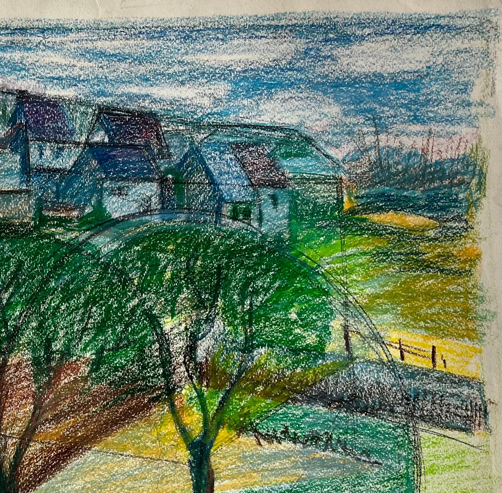 Paesaggio di villaggio francese con alberi e case in collina Disegno a pastello - Art Moderno di Guy Nicod