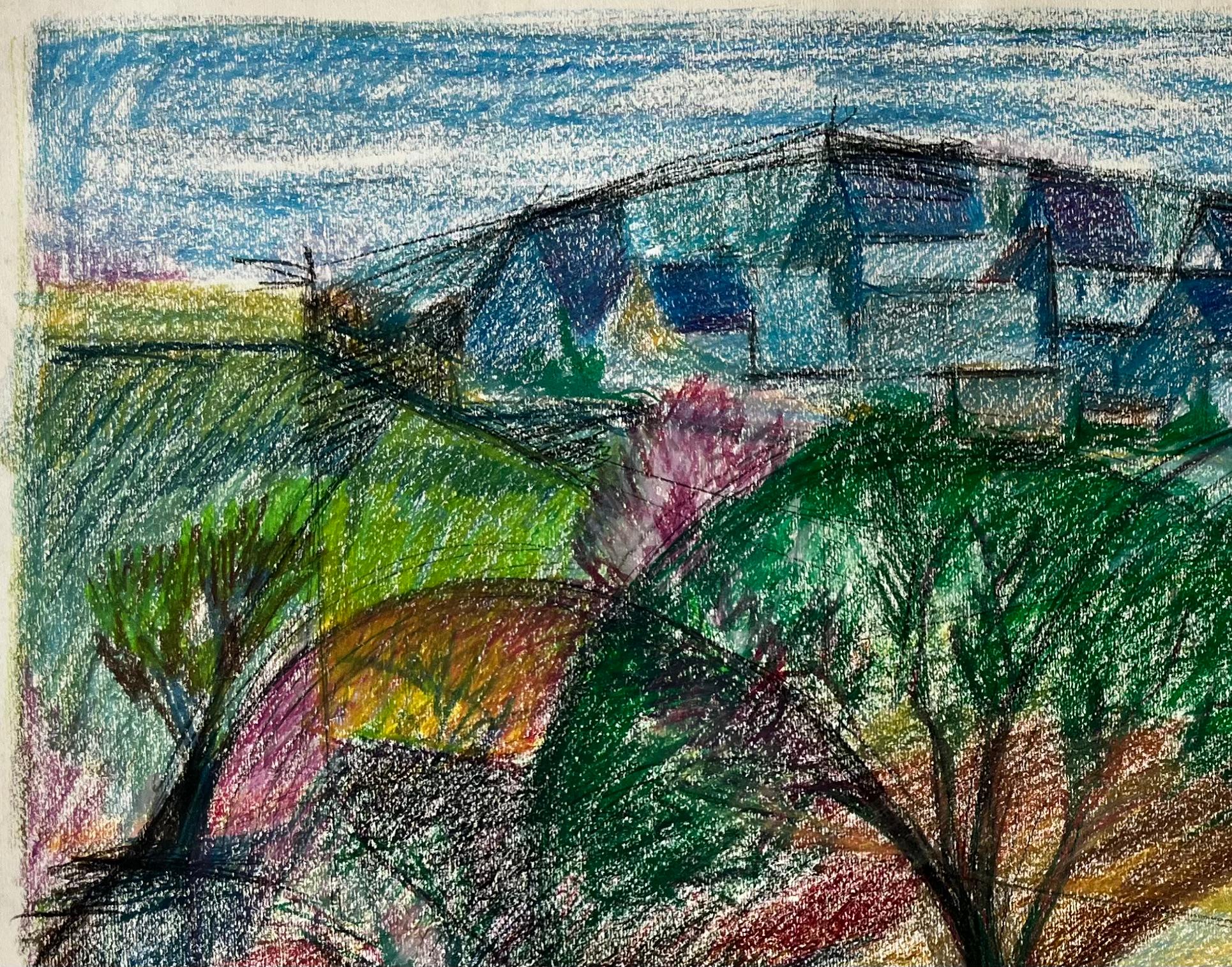 Paesaggio di villaggio francese con alberi e case in collina Disegno a pastello - Abstract Drawing Grigio di Guy Nicod