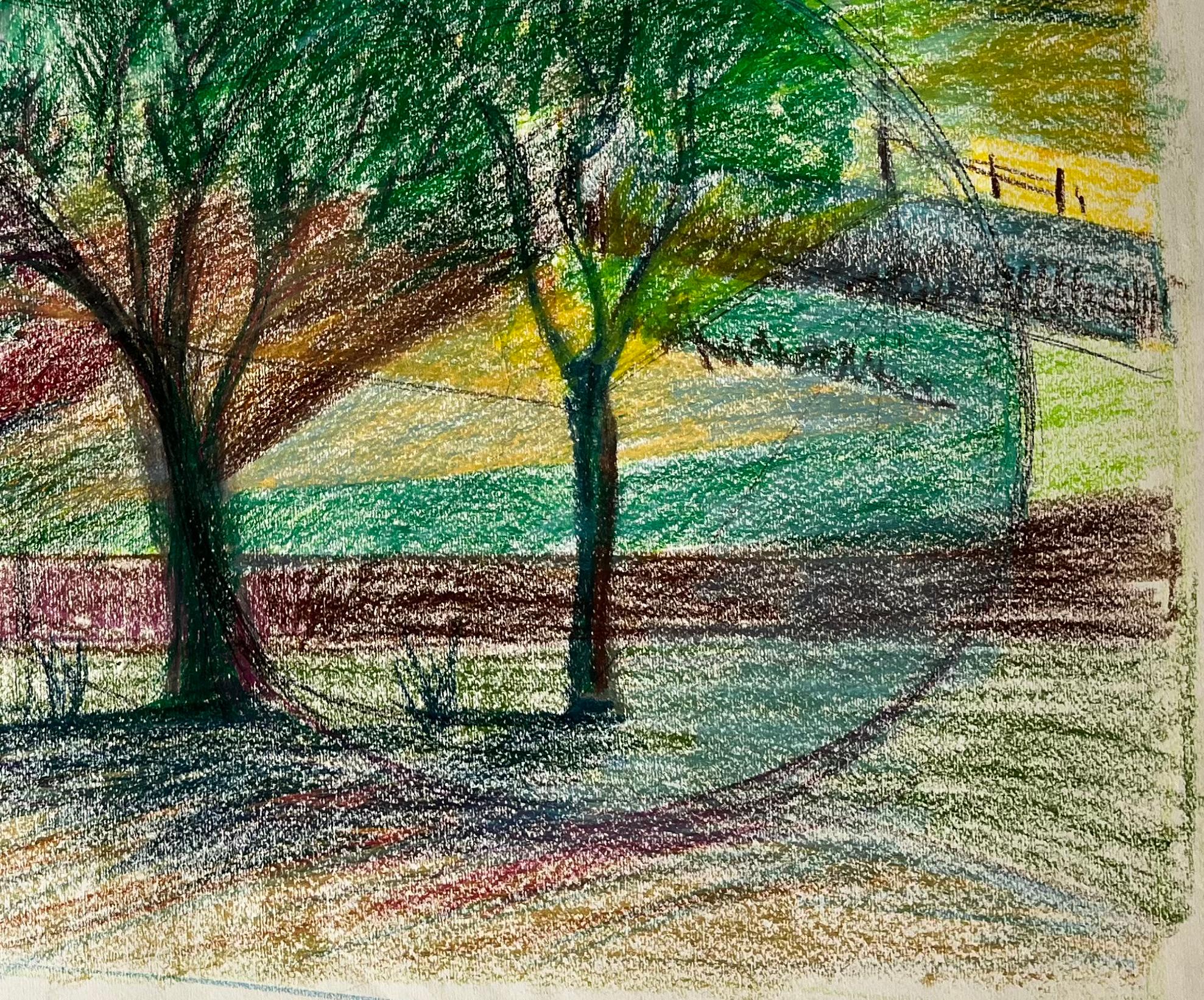 Titolo: Paesaggio di villaggio francese con alberi e case in collina Disegno a pastello
Guy Nicod (francese, 1923 - 2021) 
Pastello a olio su carta d'artista
Dimensioni: 19,75 x 25,5 pollici (altezza x larghezza)
Provenienza: Proprietà di Artistics,