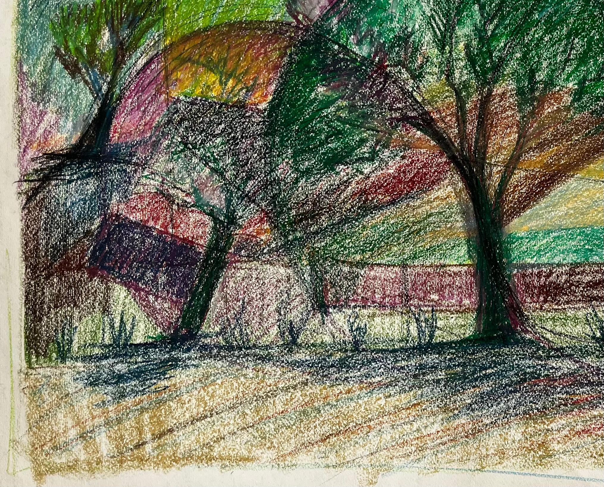 Paesaggio di villaggio francese con alberi e case in collina Disegno a pastello in vendita 1