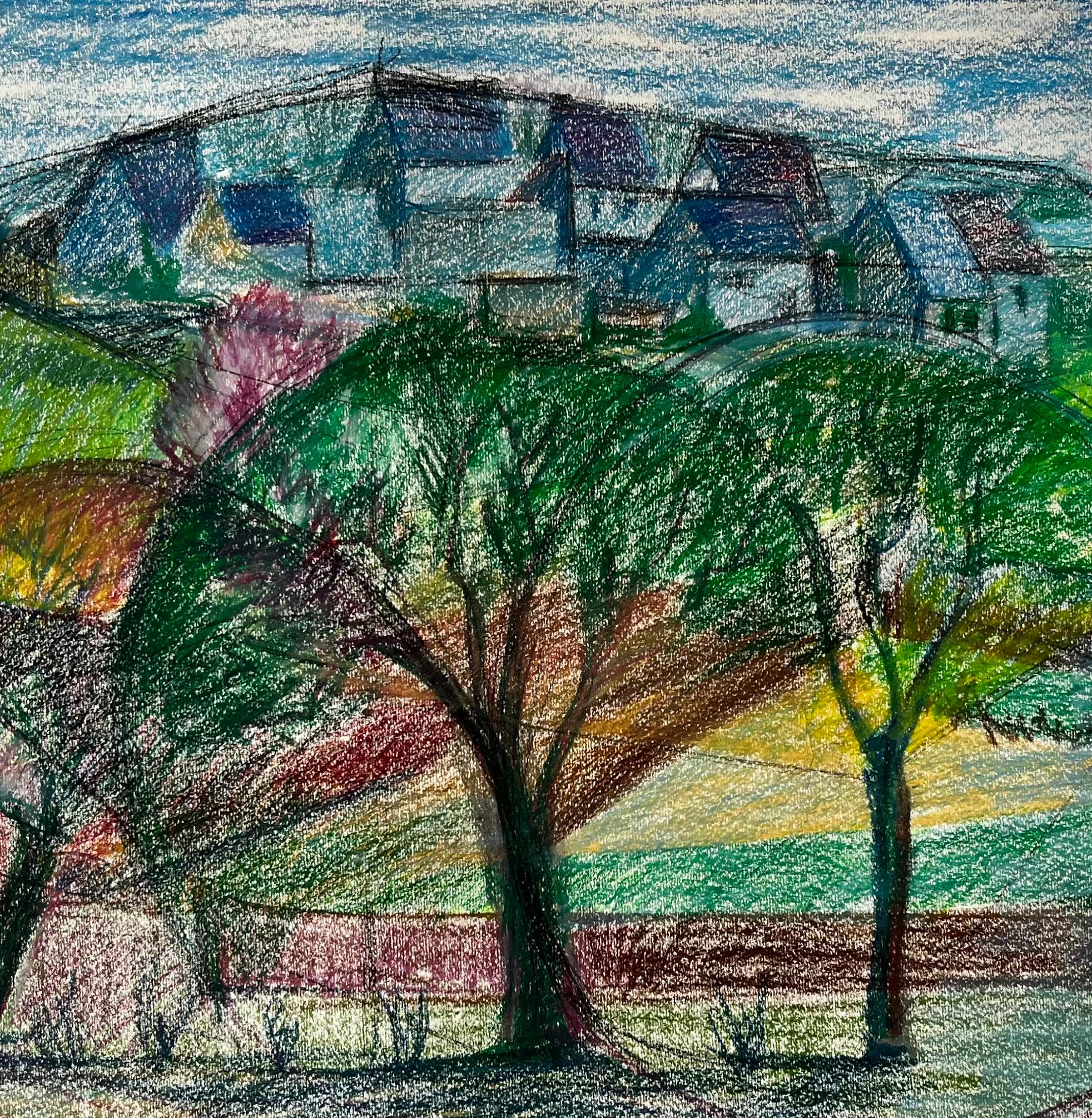 Paesaggio di villaggio francese con alberi e case in collina Disegno a pastello in vendita 2