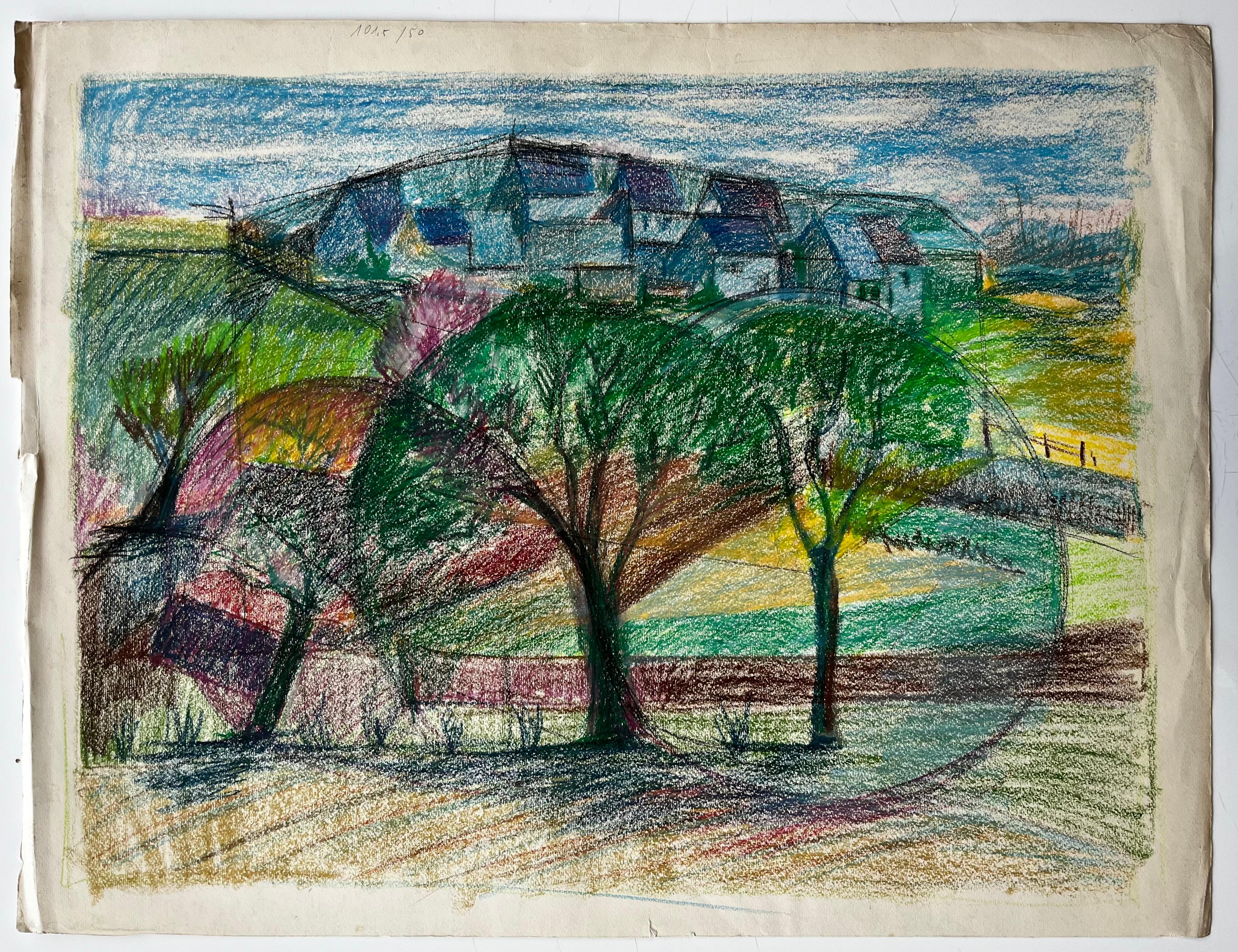 Paesaggio di villaggio francese con alberi e case in collina Disegno a pastello - Art di Guy Nicod