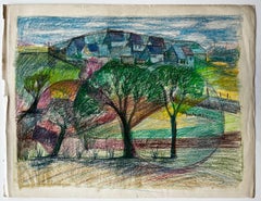 French Village Landscape with Trees and Hilltop Houses Pastel Drawing