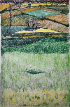 French Rolling Hills with Meadows and Wildflowers Pastel Landscape Drawing