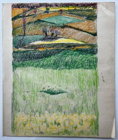 French Rolling Hills with Meadows and Wildflowers Pastel Landscape Drawing