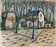 White French Farmhouse Among Bare Trees with Ploughed Field Pastel Drawing