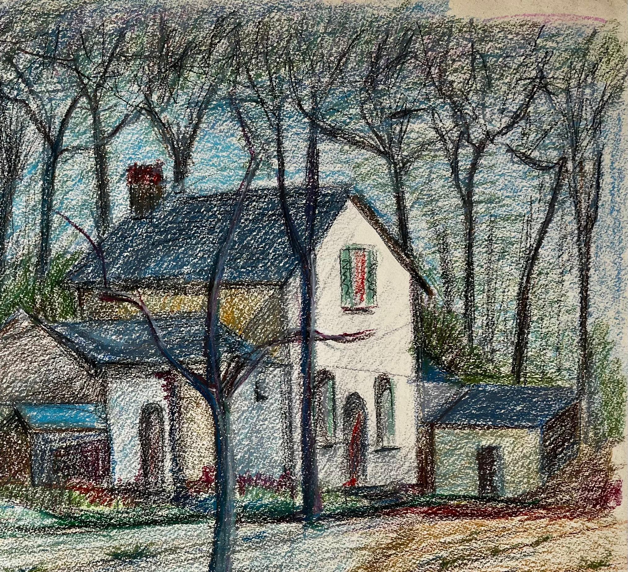 Ferme française blanche parmi des arbres dénudés et un champ labouré Dessin au pastel - Moderne Art par Guy Nicod