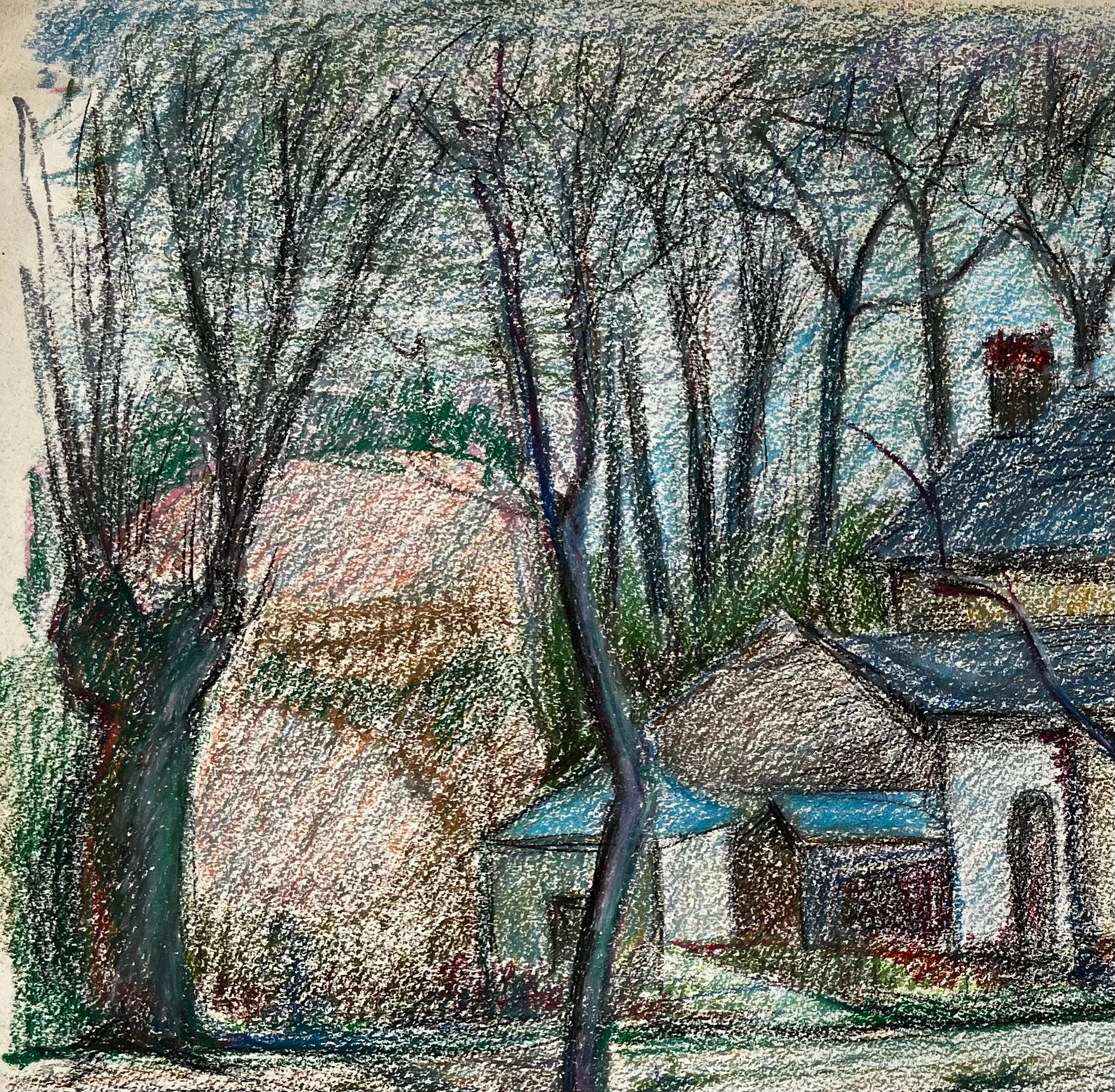Titre : Ferme française blanche parmi des arbres dénudés et un champ labouré Dessin au pastel
Guy Nicod (français 1923 - 2021) 
Pastel à l'huile sur papier d'artiste
Taille : 19.75 x 23.5 pouces (hauteur x largeur)
Provenance : Succession