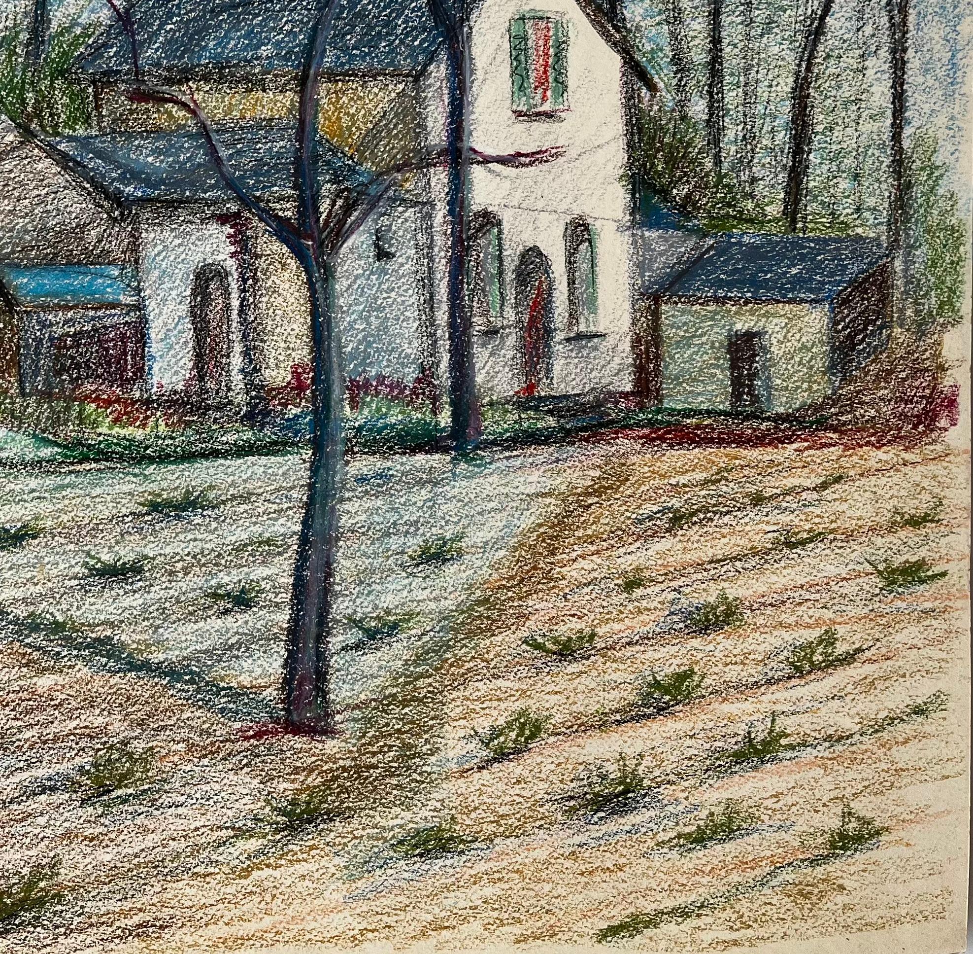 Ferme française blanche parmi des arbres dénudés et un champ labouré Dessin au pastel - Gris Abstract Drawing par Guy Nicod