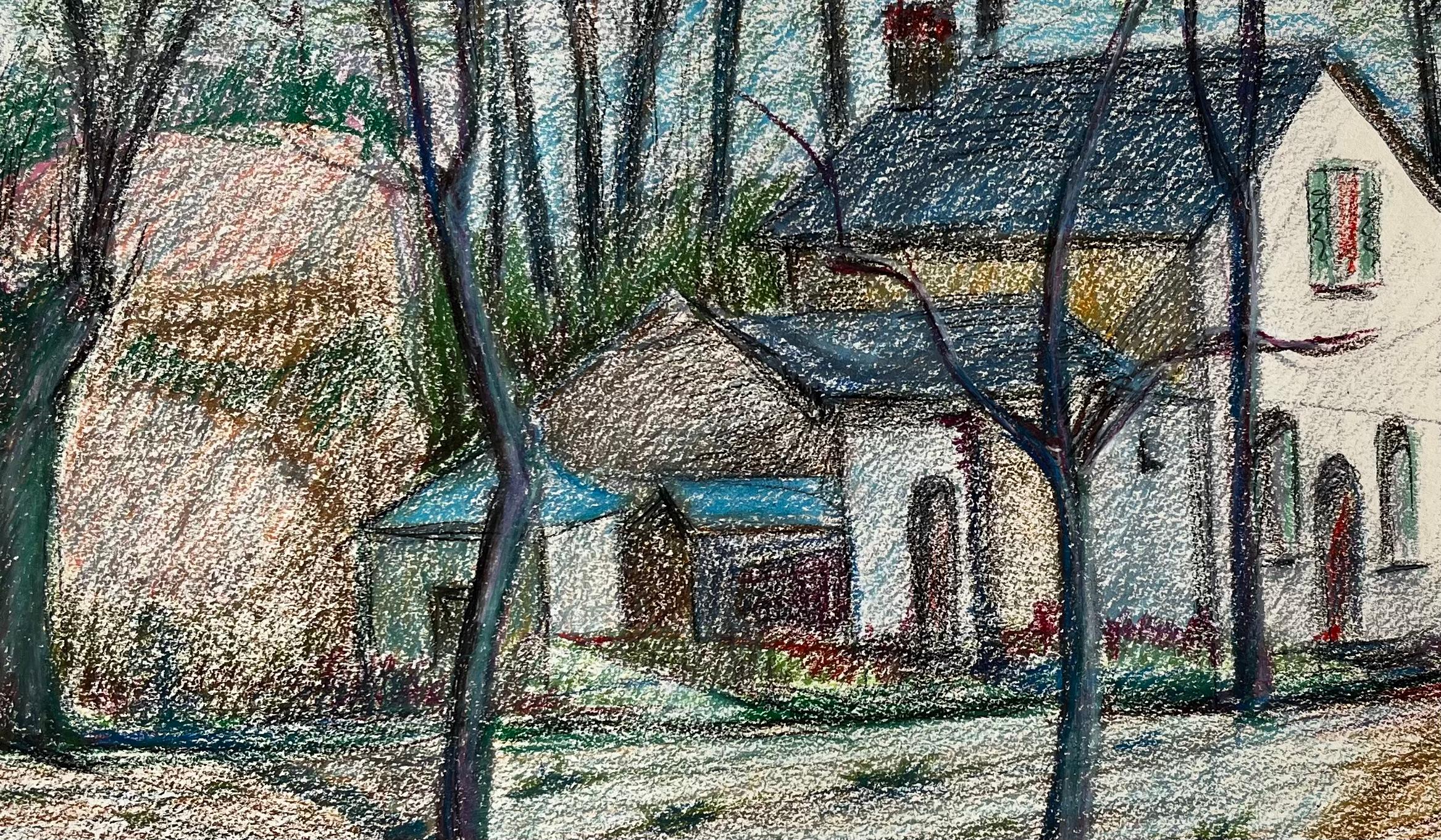 Ferme française blanche parmi des arbres dénudés et un champ labouré Dessin au pastel en vente 2