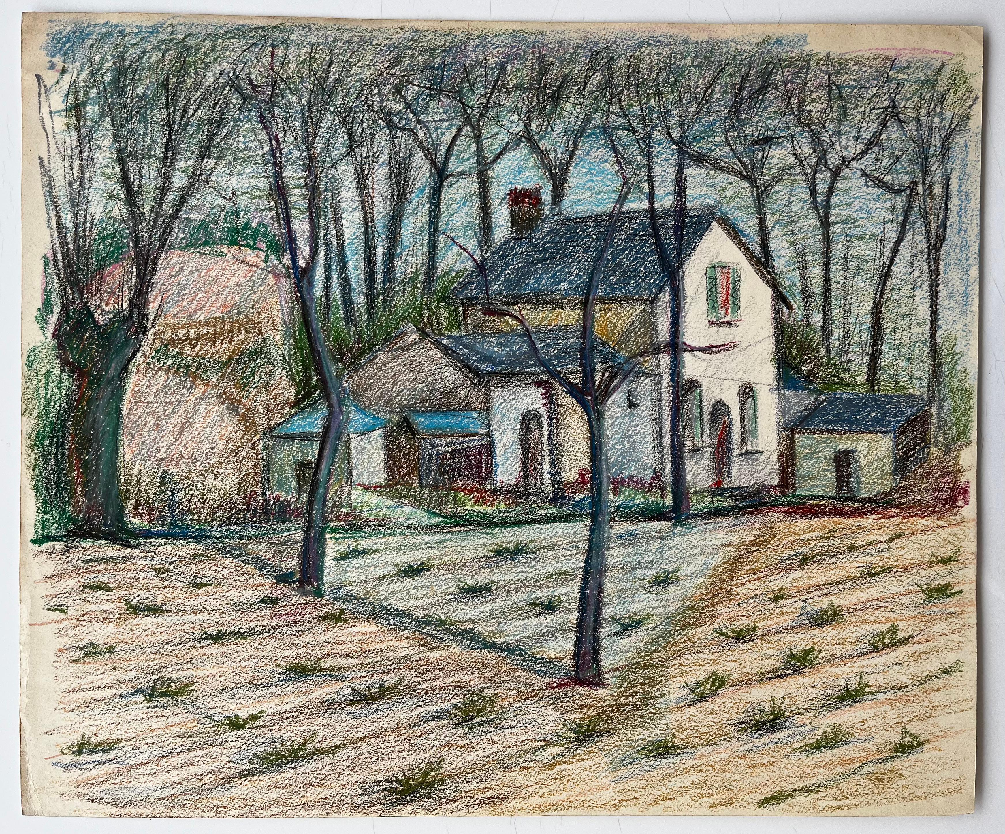 Ferme française blanche parmi des arbres dénudés et un champ labouré Dessin au pastel - Art de Guy Nicod