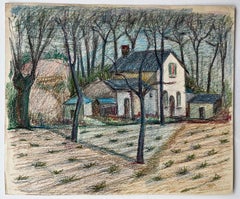 Granja francesa blanca entre árboles desnudos con campo arado Dibujo al pastel