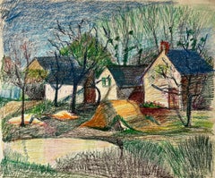 French Countryside Cottages with Trees and Spring Light Pastel Drawing