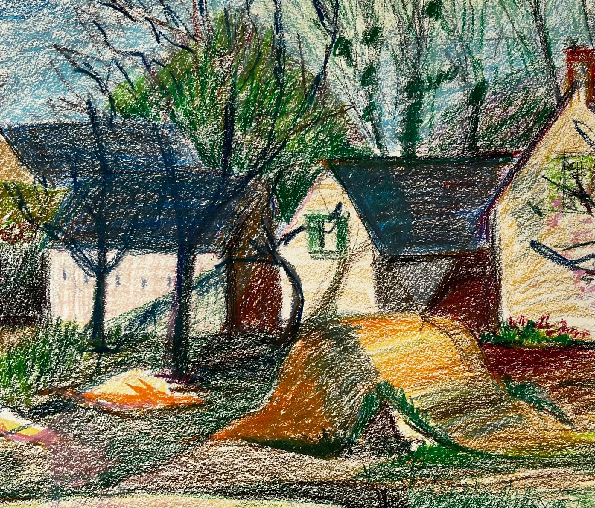 Chalets de campagne français avec arbres et lumière printanière Dessin aux pastels en vente 2