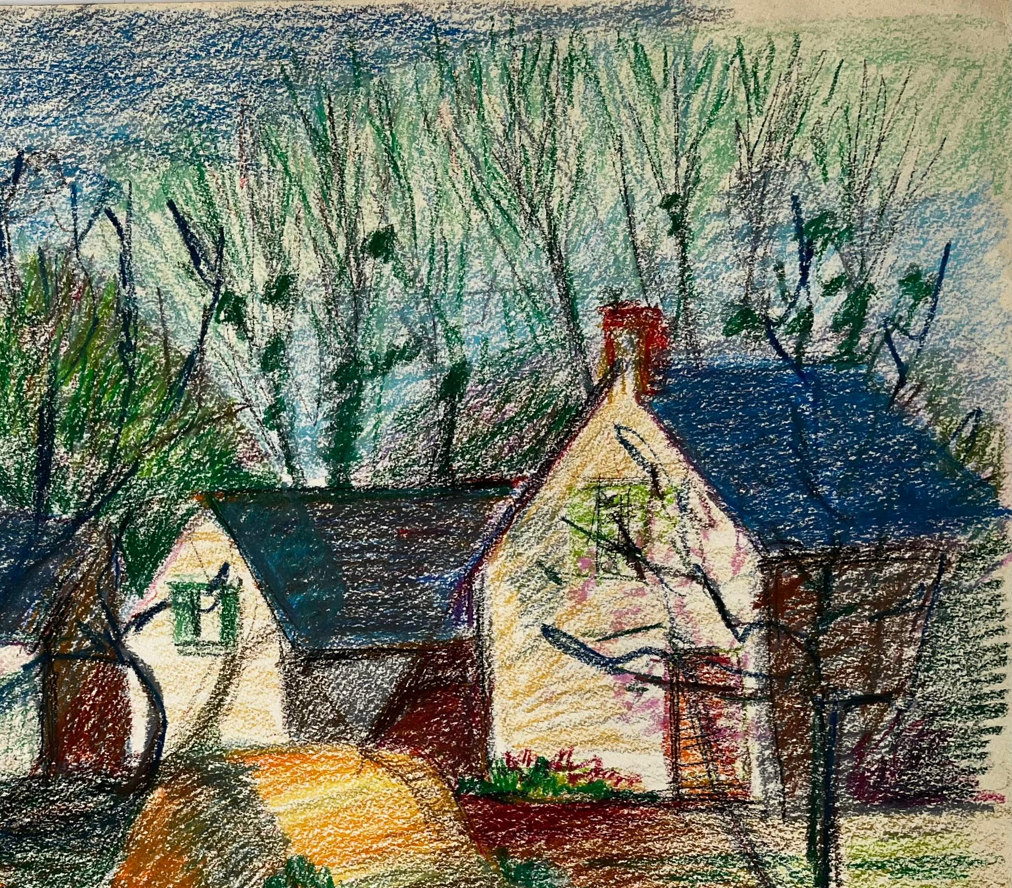 Chalets de campagne français avec arbres et lumière printanière Dessin aux pastels - Moderne Art par Guy Nicod