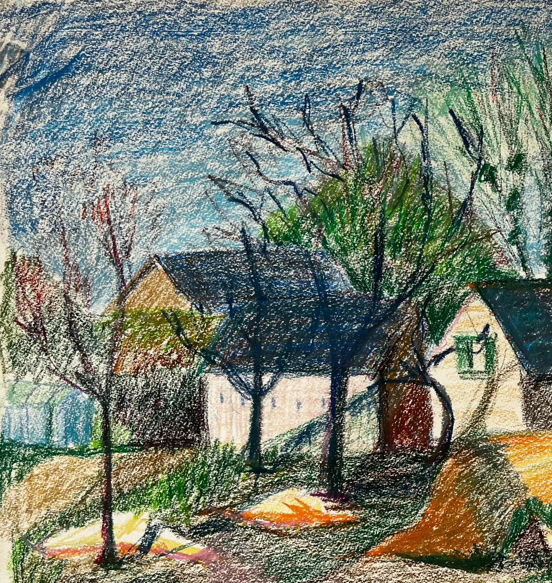 Chalets de campagne français avec arbres et lumière printanière Dessin aux pastels - Gris Landscape Art par Guy Nicod